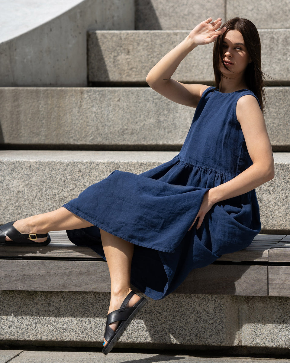 Smock Linen Midi Dress - Sleeveless, Relaxed fit, Round Neck, Natural - Storm Blue - XL Smock Linen Midi Dress - Sleeveless, Relaxed fit, Round Neck, Natural - Storm Blue - XL