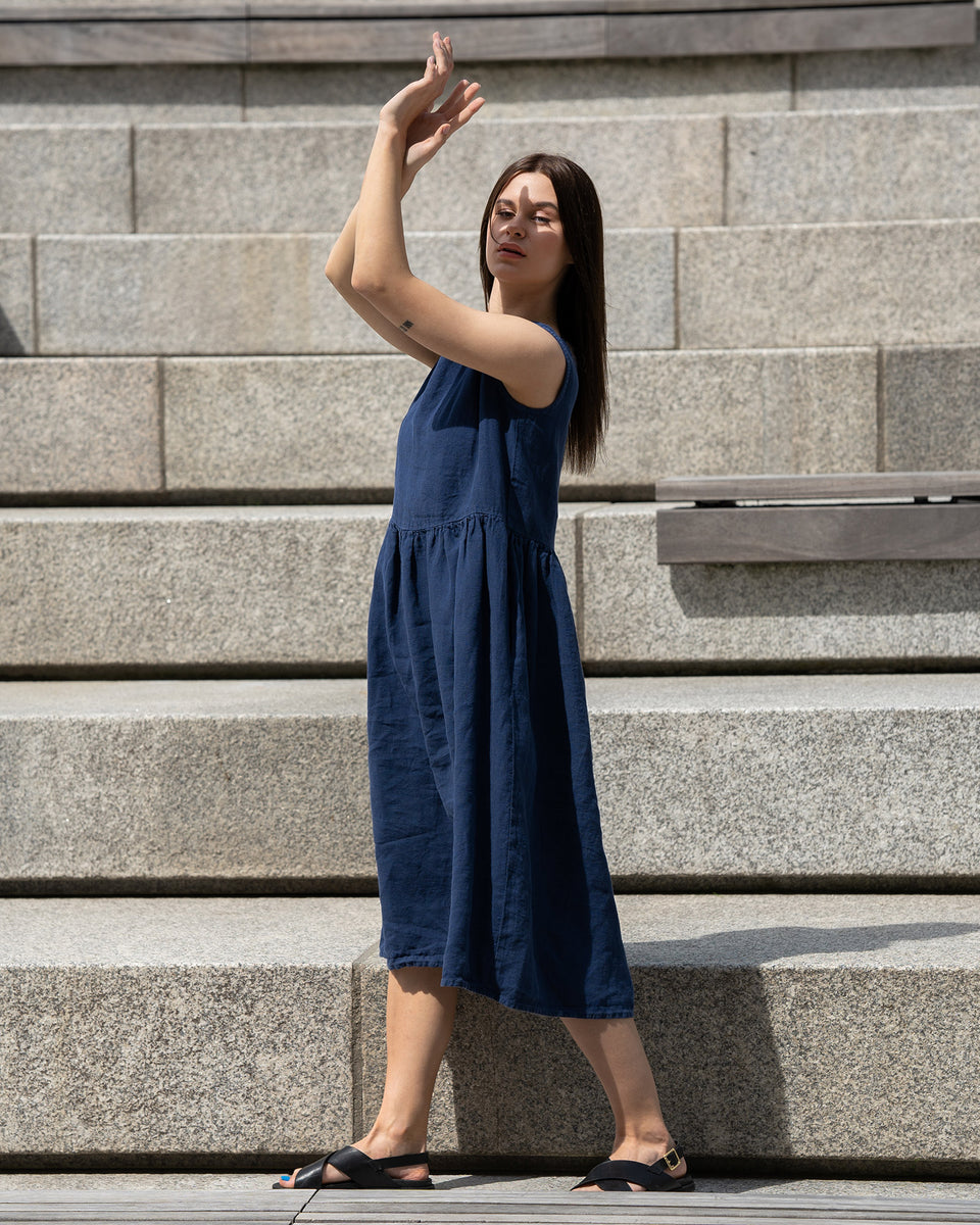 Smock Linen Midi Dress - Sleeveless, Relaxed fit, Round Neck, Natural - Storm Blue - XL Smock Linen Midi Dress - Sleeveless, Relaxed fit, Round Neck, Natural - Storm Blue - XL