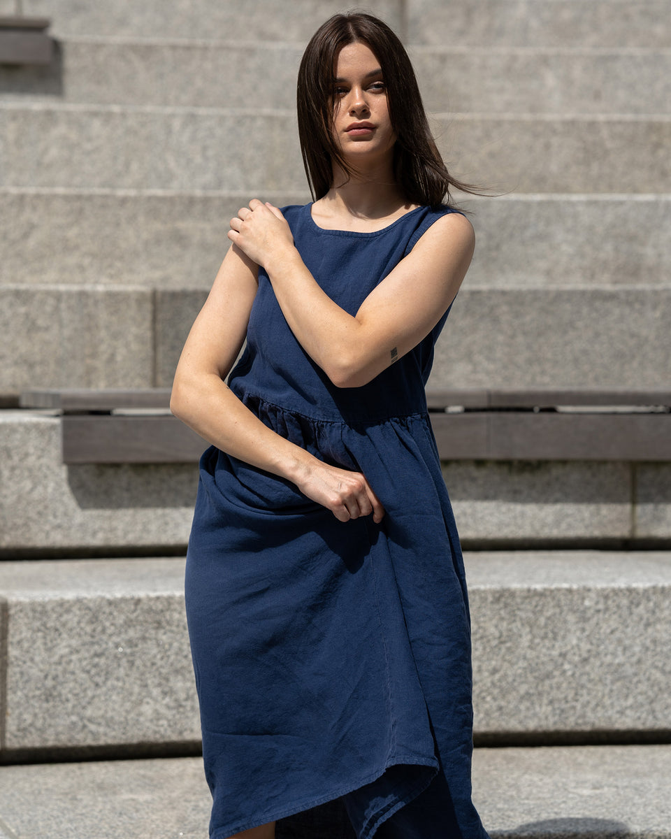 Smock Linen Midi Dress - Sleeveless, Relaxed fit, Round Neck, Natural - Storm Blue - XL Smock Linen Midi Dress - Sleeveless, Relaxed fit, Round Neck, Natural - Storm Blue - XL