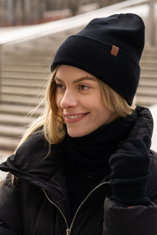 Women's Knit Beanie Hat Merino Wool - One Size / Black