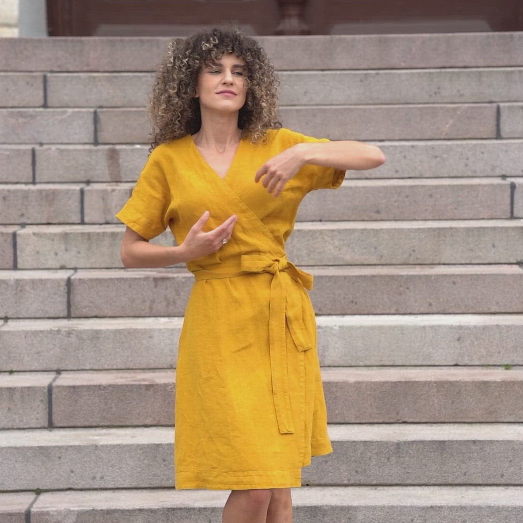 Linen Wrap Dress Eliana Spicy Yellow