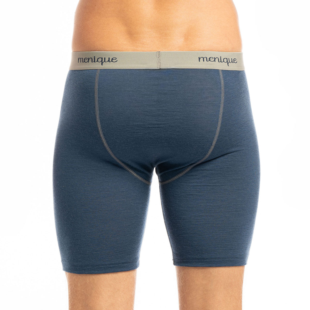 The menique Men's Merino 160 Boxer Briefs in the color Denim, white background.