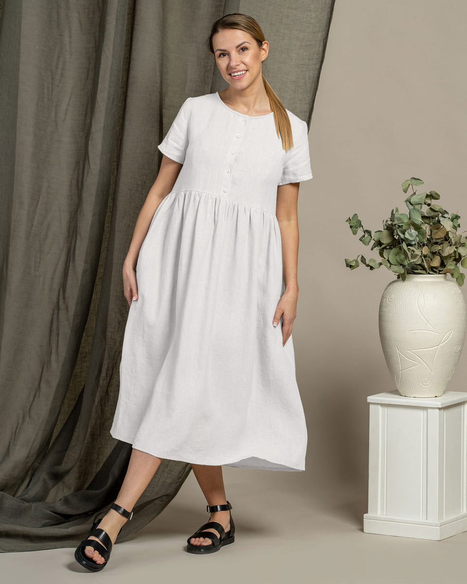 Short Sleeve Button Front Smock Dress - Round Neck, Summer - Pure White - S Short Sleeve Button Front Smock Dress - Round Neck, Summer - Pure White - S