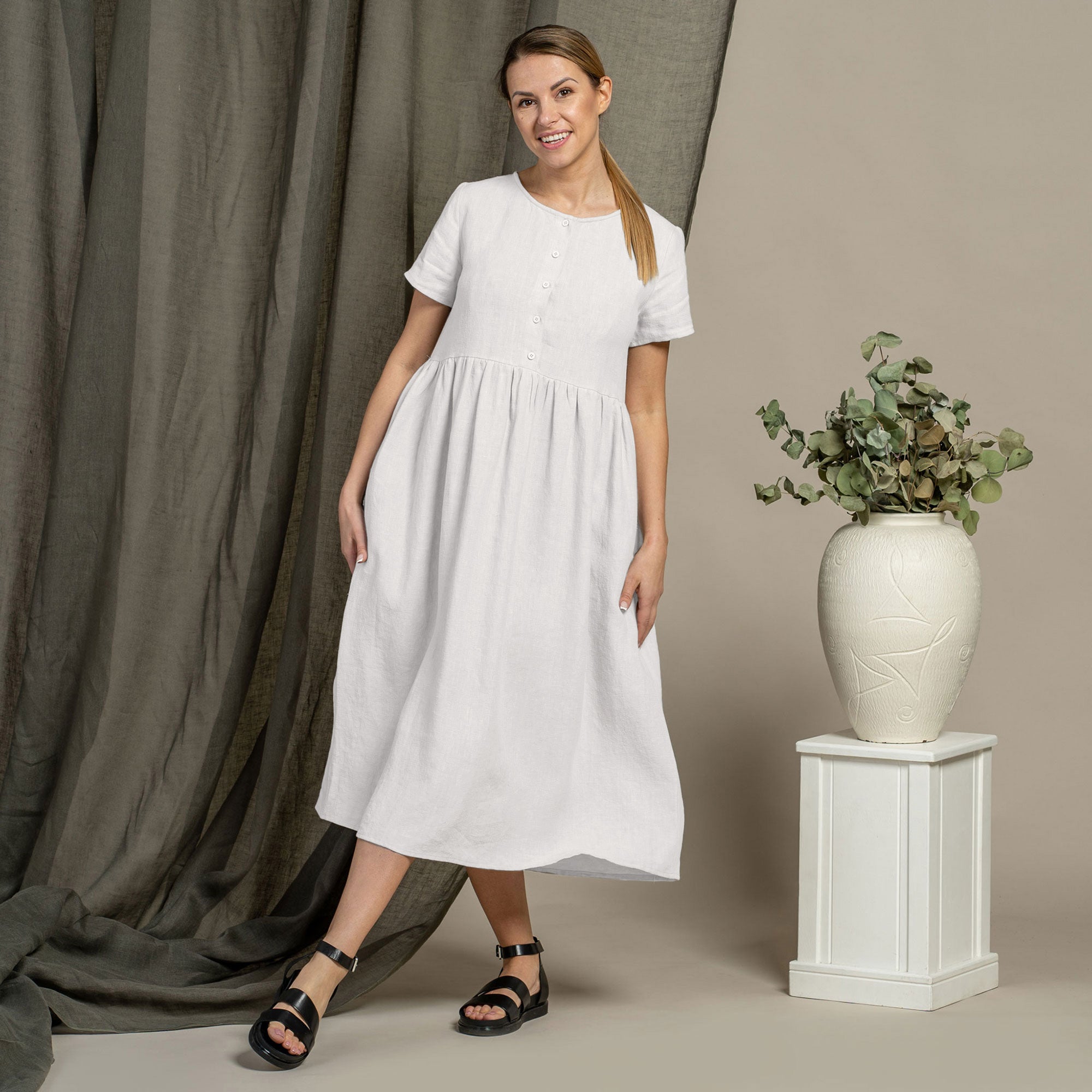 white linen smock dress White Line Wrap Dress, Short Sleeve Linen Dress, Tea-lengh Linen Dress With Gathered Waist, Linen Smock Dress, Ready to Ship