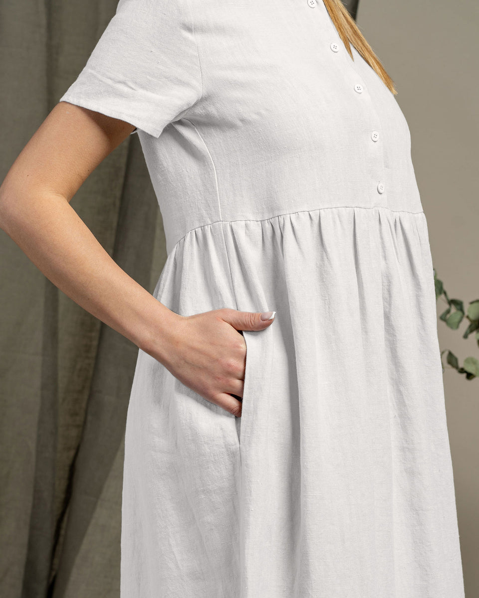 Short Sleeve Button Front Smock Dress - Round Neck, Summer - Pure White - S Short Sleeve Button Front Smock Dress - Round Neck, Summer - Pure White - S